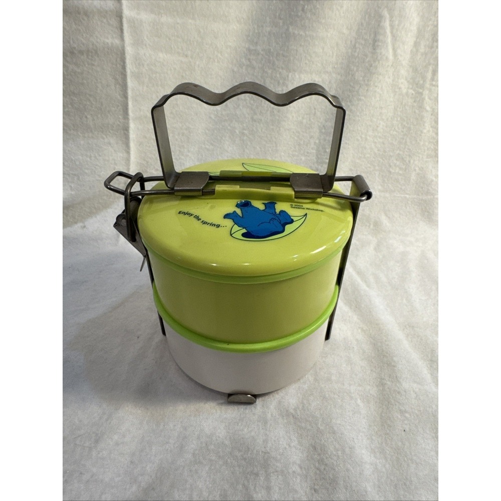 Vtg Sesame Street Cookie Monster Melamine Lunch Oval Carrier 2 Stack w/Handle
